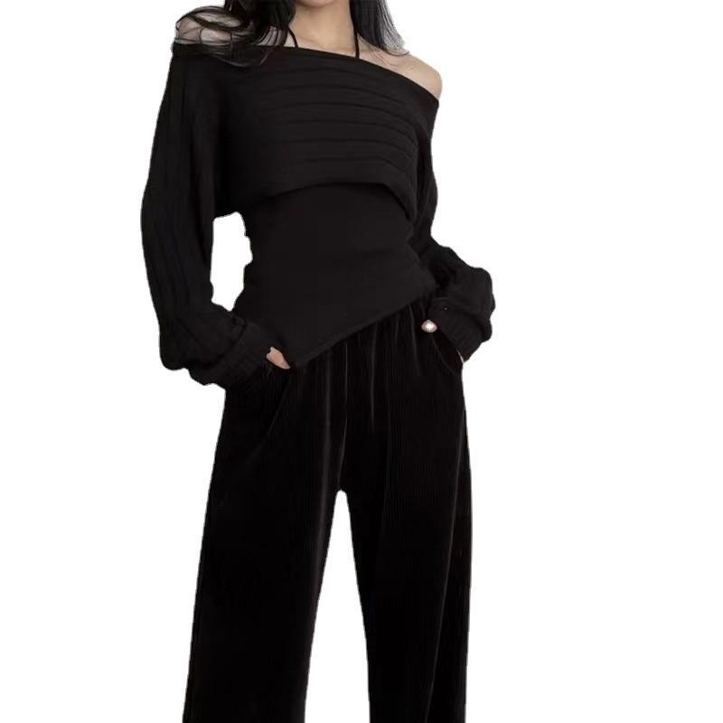 Design sense one-word neck sweater women's two-piece set autumn and winter new sexy off-the-shoulder temperament knitted sweater women
