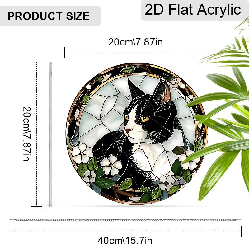 Acrylic Tuxedo Cat with White Flowers Suncatcher, Stained Glass Effect Window Hanging Ornament for Cat & Pet Lover Gifts