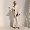 Womens 2026 Solid Color Turn-Down Collar Long Sleeve Shirt Elastic Waist Tie-Front Casual Pant Set