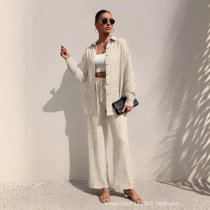 Womens 2026 Solid Color Turn-Down Collar Long Sleeve Shirt Elastic Waist Tie-Front Casual Pant Set
