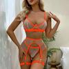 Women's Sexy Lingerie Set 3 Piece Neon Color Mesh Underwear Set Transprent Hollow Breath Bra T-back Bikini Panties Garter Set