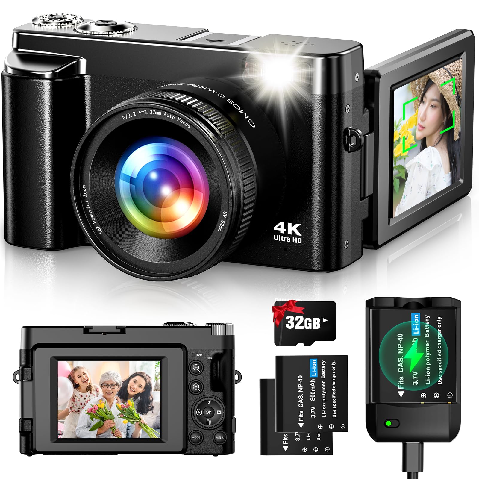 

Oiadek 4K 48MP Digital Camera with 32GB Micro SD Rotating 16x Image Webcam for Large Beauty Two 52mm UV Filters Compact Card, Charger, Autofocus, 180°