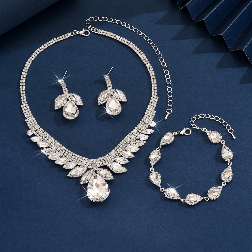 Populaire Collier Chaîne Clavicule Bracelet Type Goutte d'Eau Strass Cristal Plein de Diamants Ensemble Trois Pièces