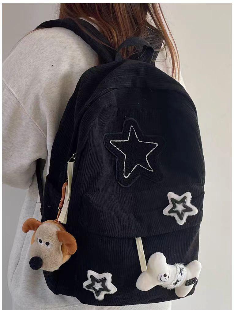 Teen Student Large Capacity School Bookbag Y2K Girls Star Pattern Laptop Backpack Corduroy Rucksack Double Strap Shoulder Bag