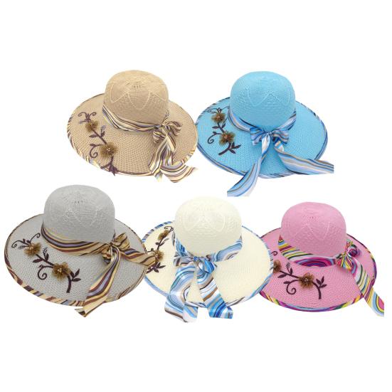 Ribbon Bowknot Decor Flower Stitching Sun Hat Foldable Wide Brim Floppy Straw Hat Costume Accessories