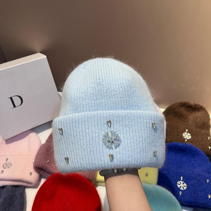 Winter Warm Knit Hat Rabbit Fur Faux Snowflake Rhinestone Earflap Beanie Fashionable Soft