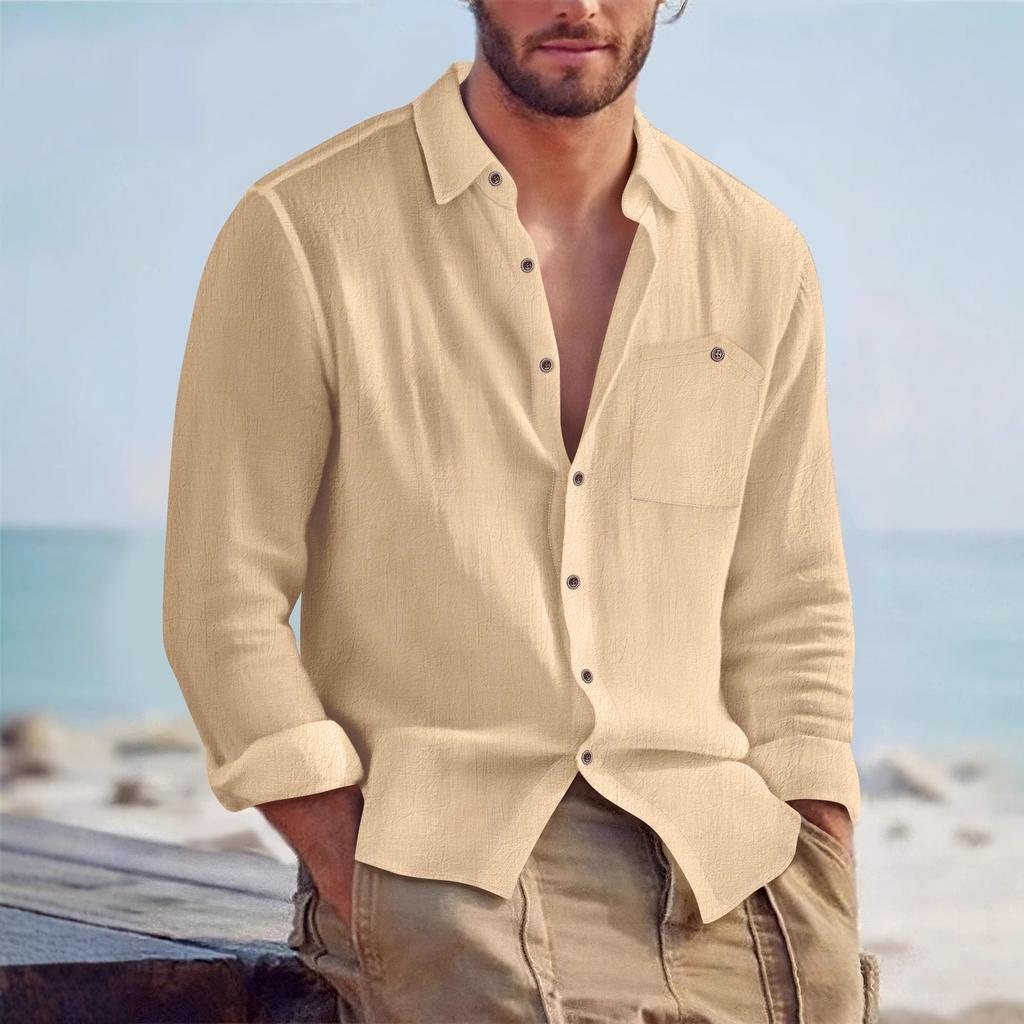 Autumn New Arrival Men's Solid-Colour Collared Cardigan Linen Loose-Fit Casual Long-Sleeved Shirt