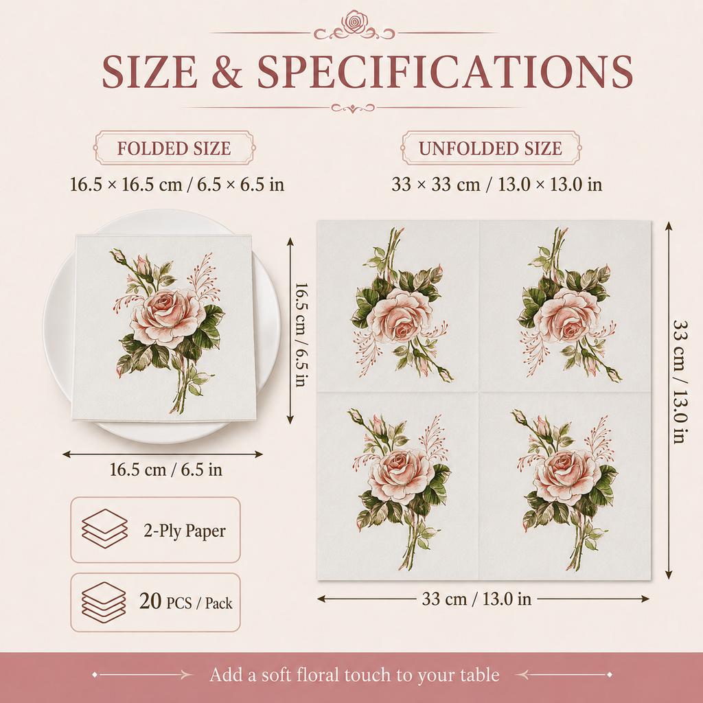 Vintage Rose Floral Paper Napkins 20Pcs 2-Ply Table Napkins for Party Wedding Tea Time Decor