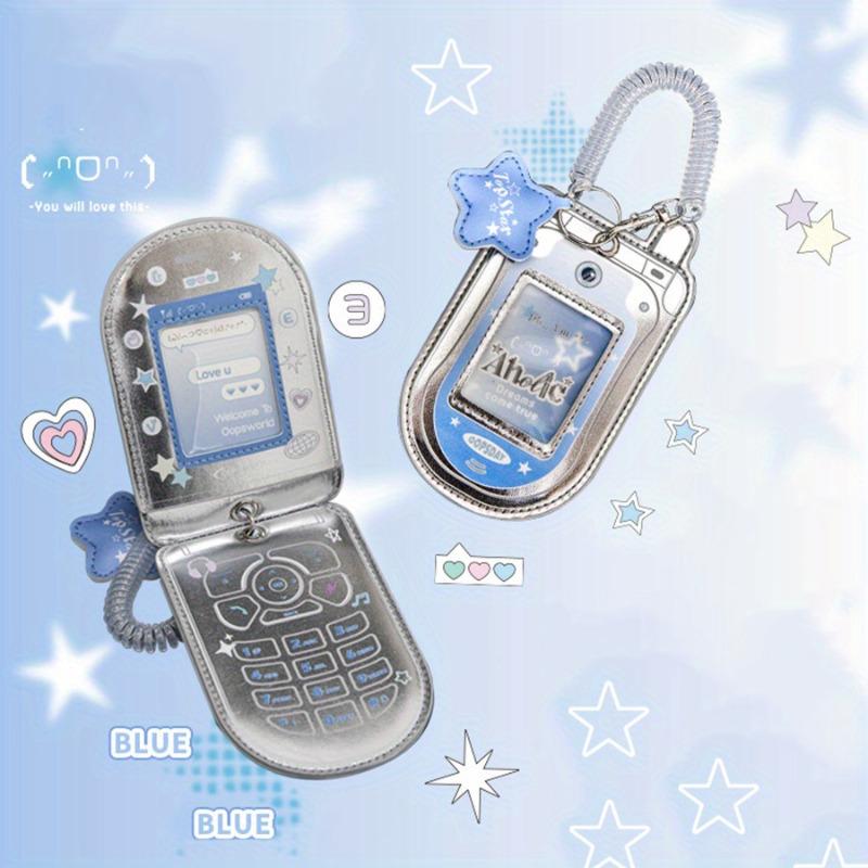 Cute Star Kpop Photocard Holder Keychain in Mobile Phone Design, Protective Cover for Photo Cards, Faux Leather ID Card Case