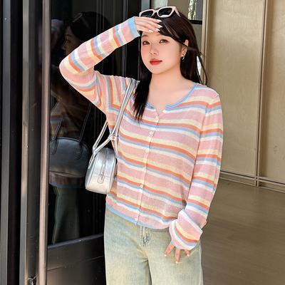 Plus Size Women's Summer Thin Round Neck Colorful Stripe Loose Knit Cardigan Top