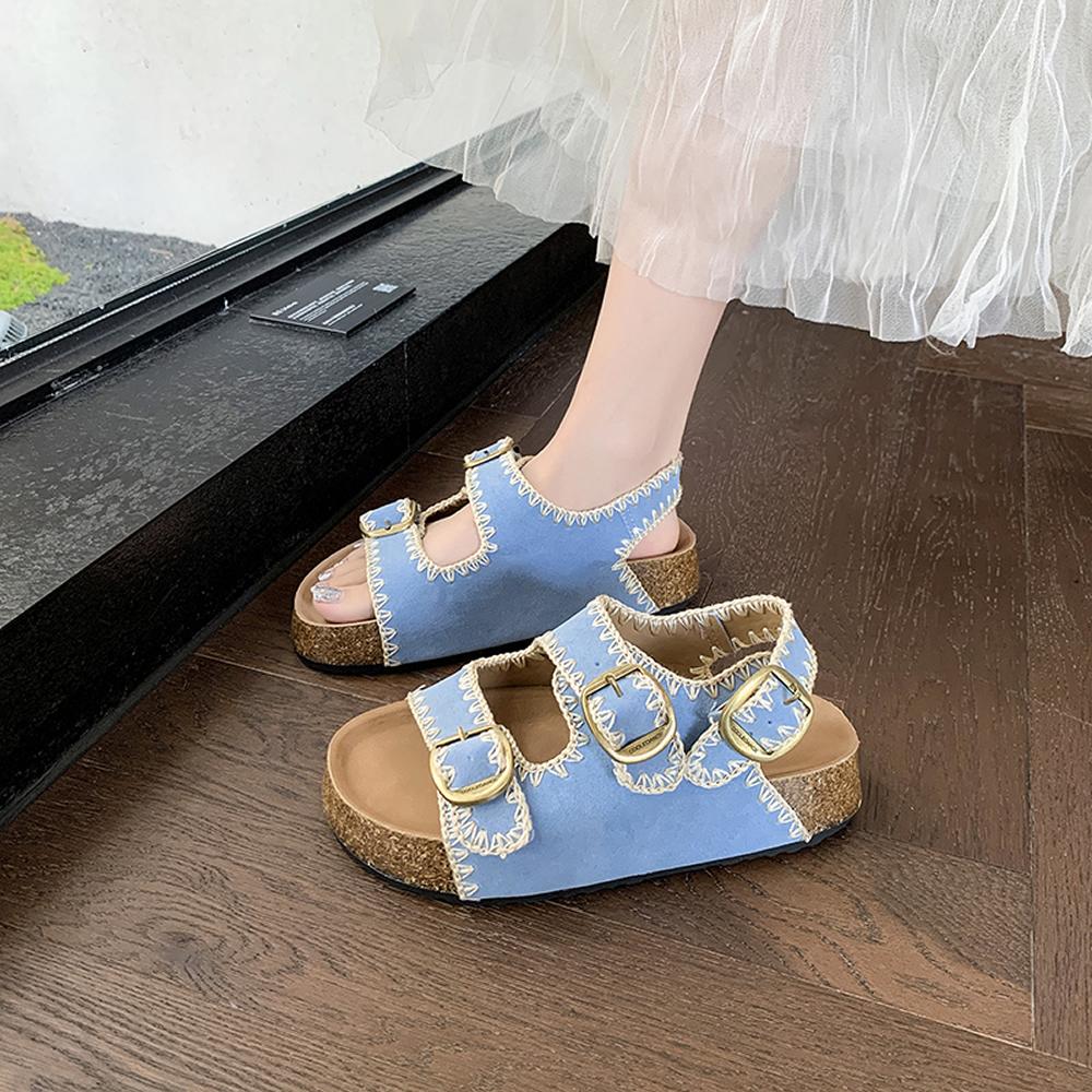 

Soft Leather Woven Thick Heel Sandals Women s Outdoor Versatile Retro Strap Open Toe Slip-On Slippers Rubber Sole Footwear 40 синій