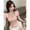 Summer wind lace square neck short sleeve slim and thin sweet T-shirt women's short sweet and spicy small top fashion