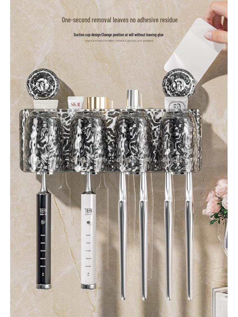 Wall-Mounted Suction Cup Toothbrush & Toothpaste Holder Set with Tooth Squeezer and Cup for Family Bathrooms