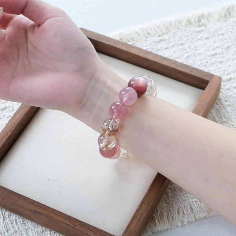 Natural Strawberry Crystal Bracelet Gold Foil Koi Lucky Bead Women New Gift