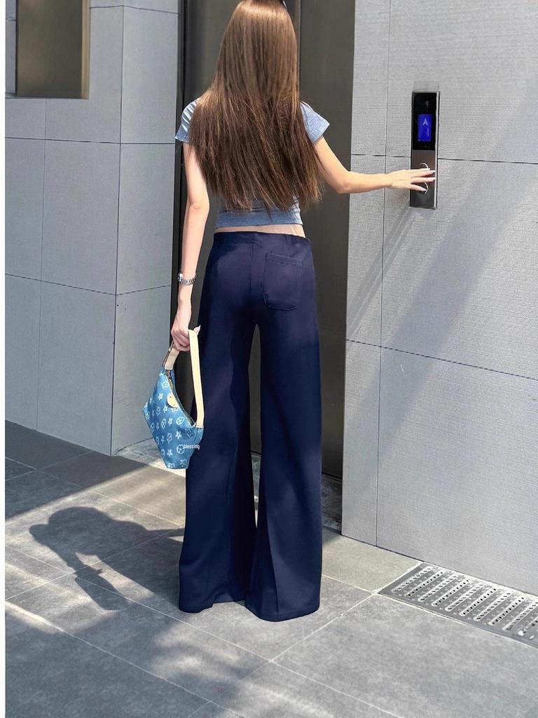 Women's Navy Blue Side Zipper Wide-Leg Low-Waist Yoga Sweatpants, Floor-Length Slim Fit Casual Autumn Pants