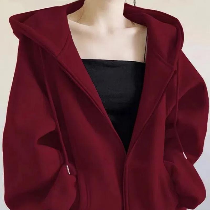 

Осень Зима Новая Мода Длинный Рукав Однотонные Толстовки Кардиган Женская Одежда Карманы на Молнии Кулиска Свободные Топы XXL красный