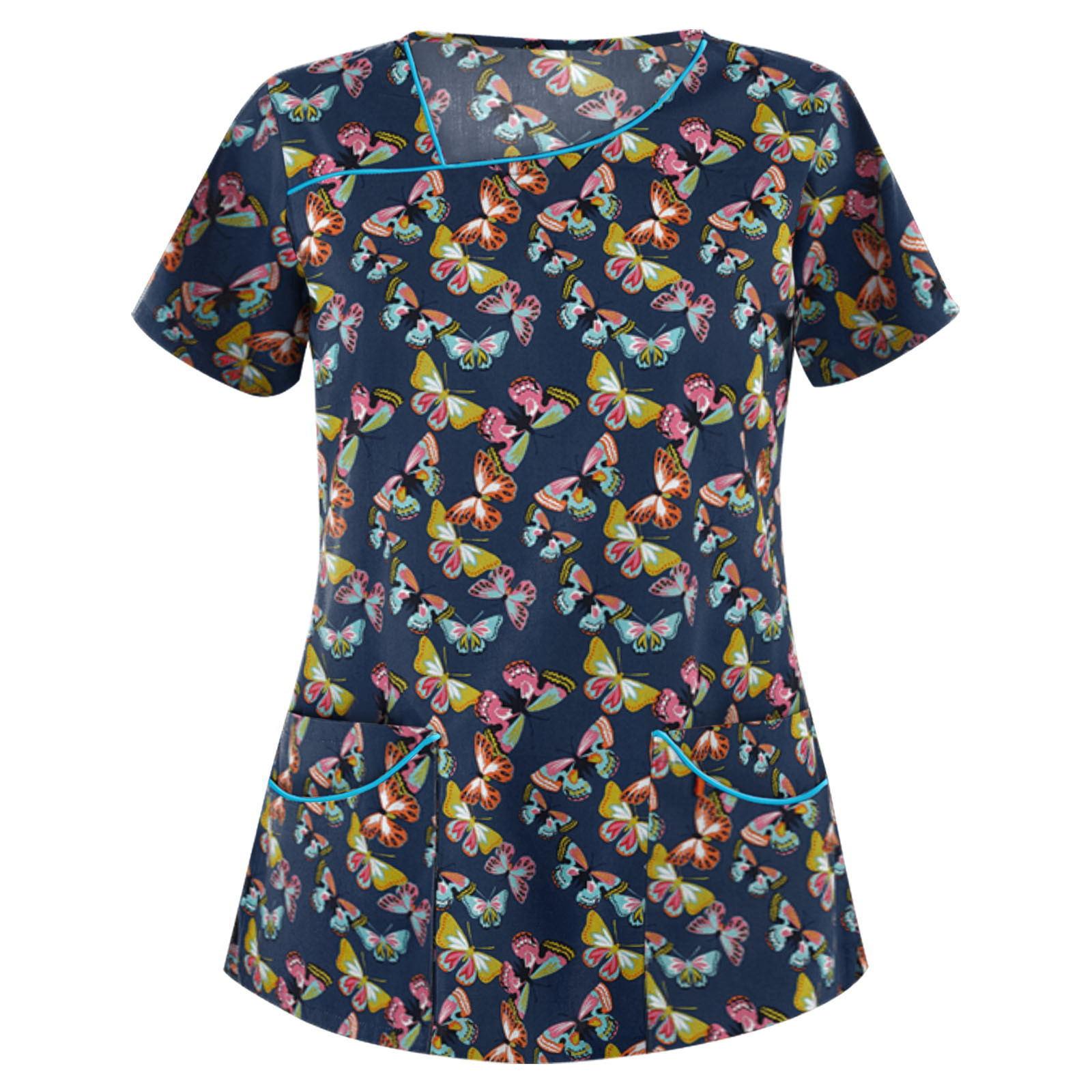 

European and American Women s Printed V-neck Short-sleeved Pocket T-shirt Women s Top XXXL