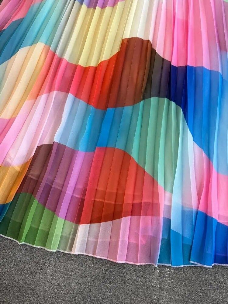 Summer Print Holiday Rainbow Candy Sling Sundresses Women's Spaghetti Strap V Neck Backless Chiffon Beach Vacation Pleated Robe