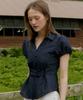 ITOV SEOUL Corset Short Sleeve Shirred Blouse Navy