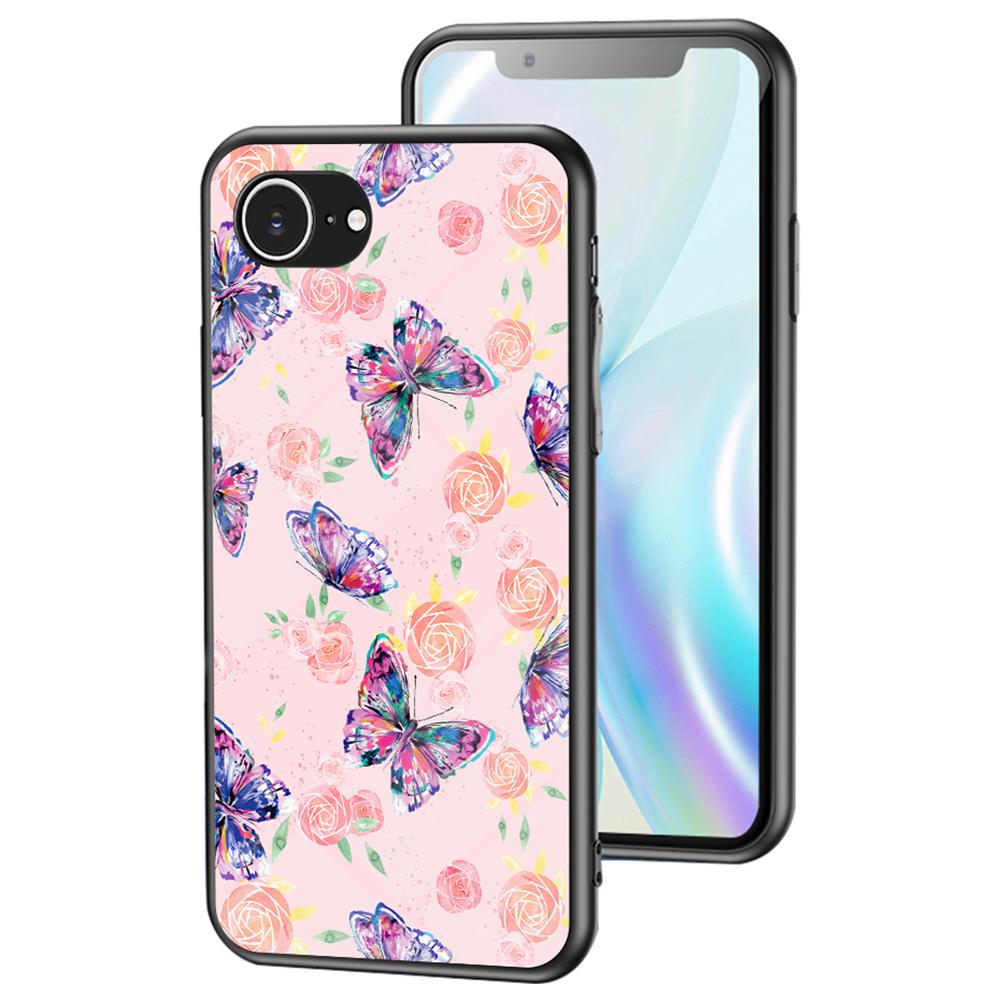 

For iPhone 16e Case Butterfly Pattern TPU+Tempered Glass Protective Phone Cover Rose Butterfly