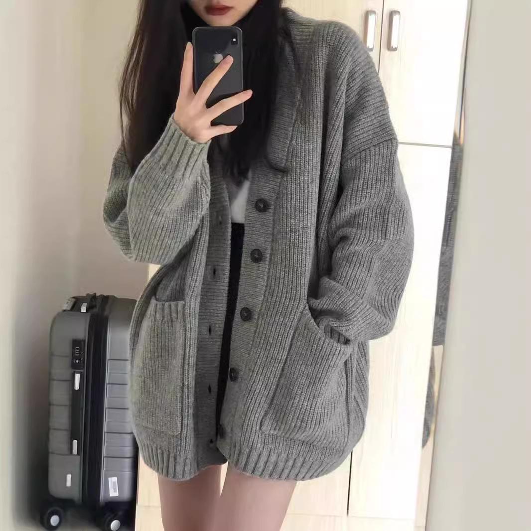 

Женский утолщенный вязаный кардиган с V-образным вырезом - свободный, мягкий, с длинным рукавом, повседневный свитер средней длины One size