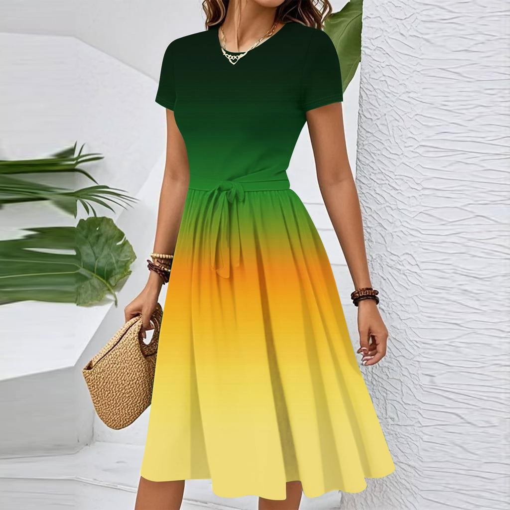 Damen Casual Mode Gürtel Kleid mit floralem Druck, kurzen Ärmeln und Rundhalsausschnitt