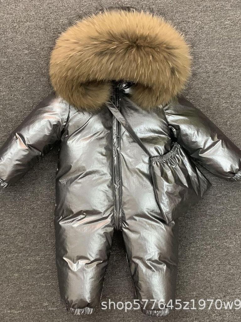 Winter Thick One-Piece Down Jacket for Infants with Real Fur Collar