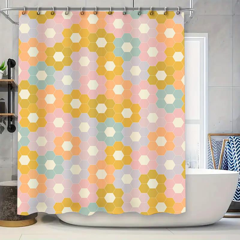 

Hexagon Shower Curtain Waterproof Fabric Bathroom Decor With Pink, Yellow White Design Modern Hexagons Bath Mat Set For Home Use W60H190(CM)-1 Pcs