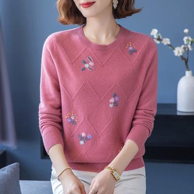 Damen Wollpullover Rundhals Stickerei Strickpullover Frühling Herbst Winter Locker Übergröße Pullover Kurz Strickware