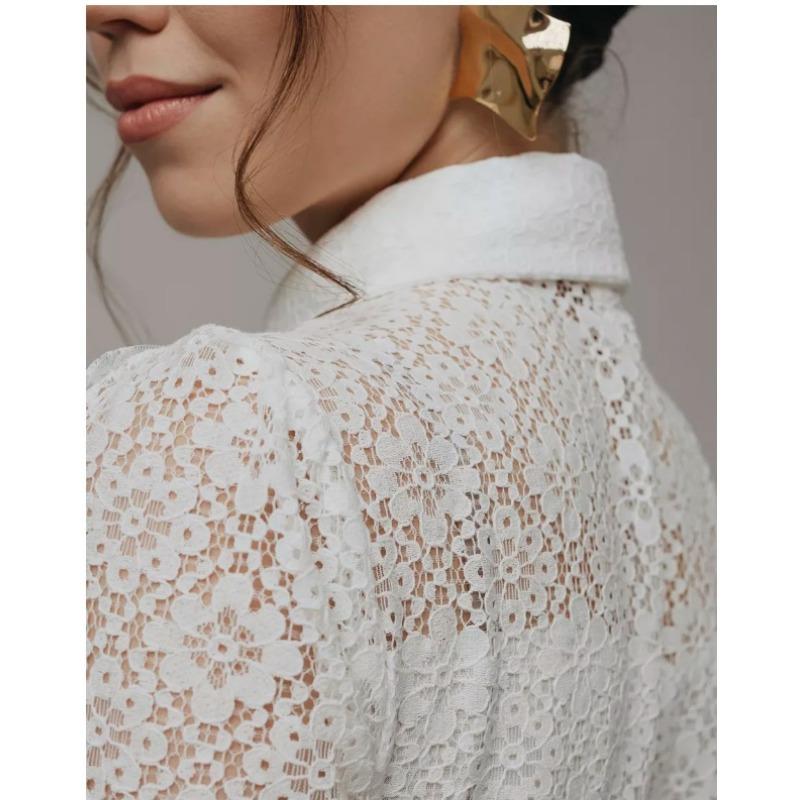 White Elegant Lace Women Shirt See Through Ruffled Fashion Spring Summer Loose Long Sleeve Blouse Female Hollow Out Lapel Fashion Sweet Tops