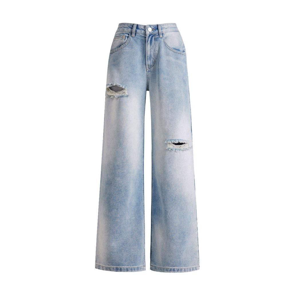 Women's American Retro Ripped Wide-Leg Jeans - 2026 Spring/Summer Collection, Versatile Slimming Design.