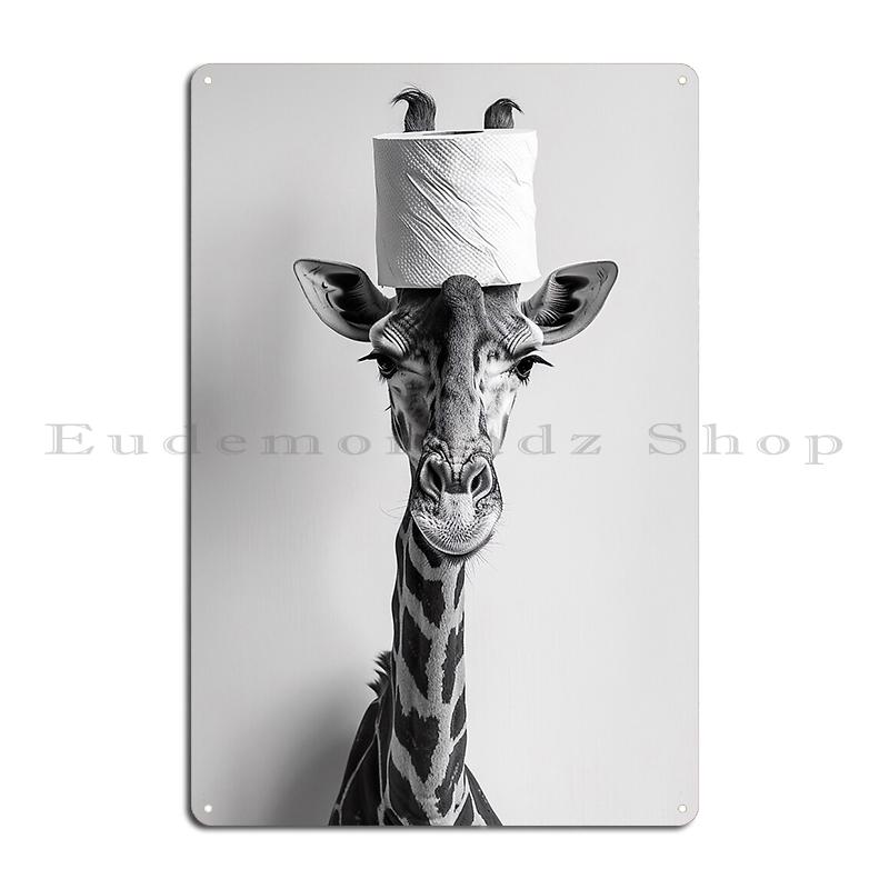 Giraffe Otter In Bathroom with Toilet Paper On Head Metal Signs Wall Mural Club Wall Custom Print Decoration Tin Sign Poster