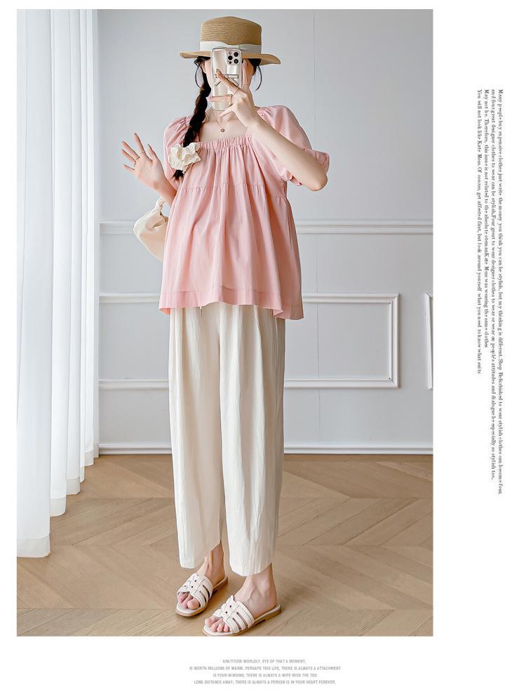 2026 Maternity Summer Off-the-Shoulder Puff Sleeve Top & Casual Straight-Leg Pants Set