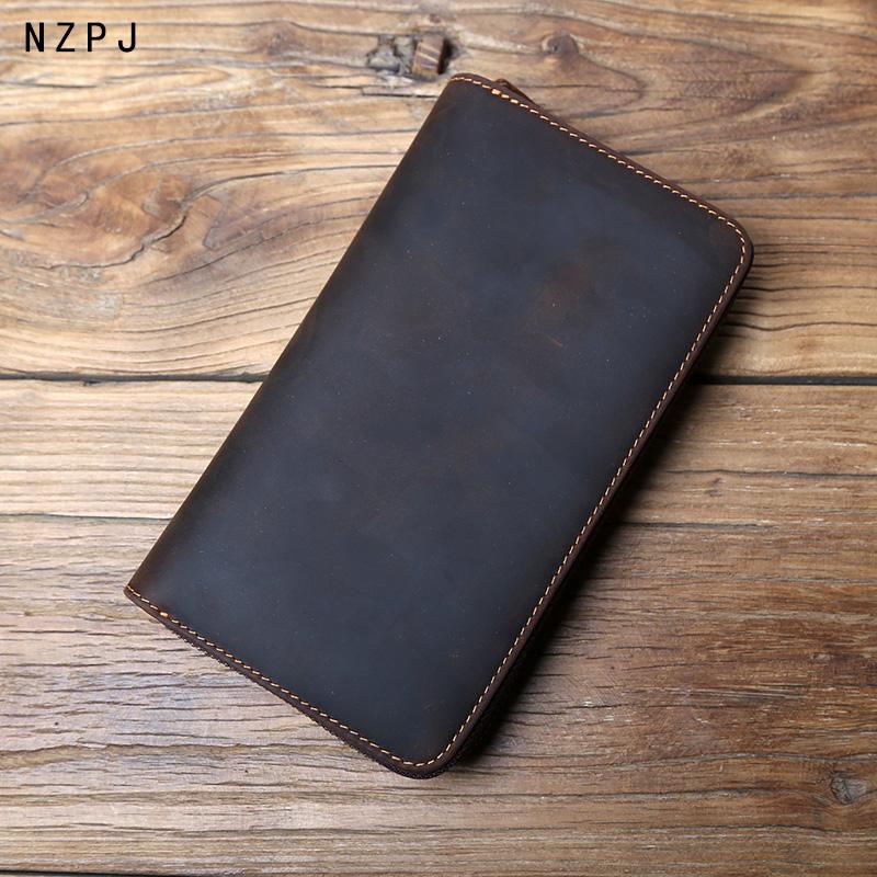 NZPJ Vintage Men Long Leather Wallet Crazy Horse Leather Mobile Bag Natural Cowhide Clutch Bag Multi Functional Wallet Card Bag
