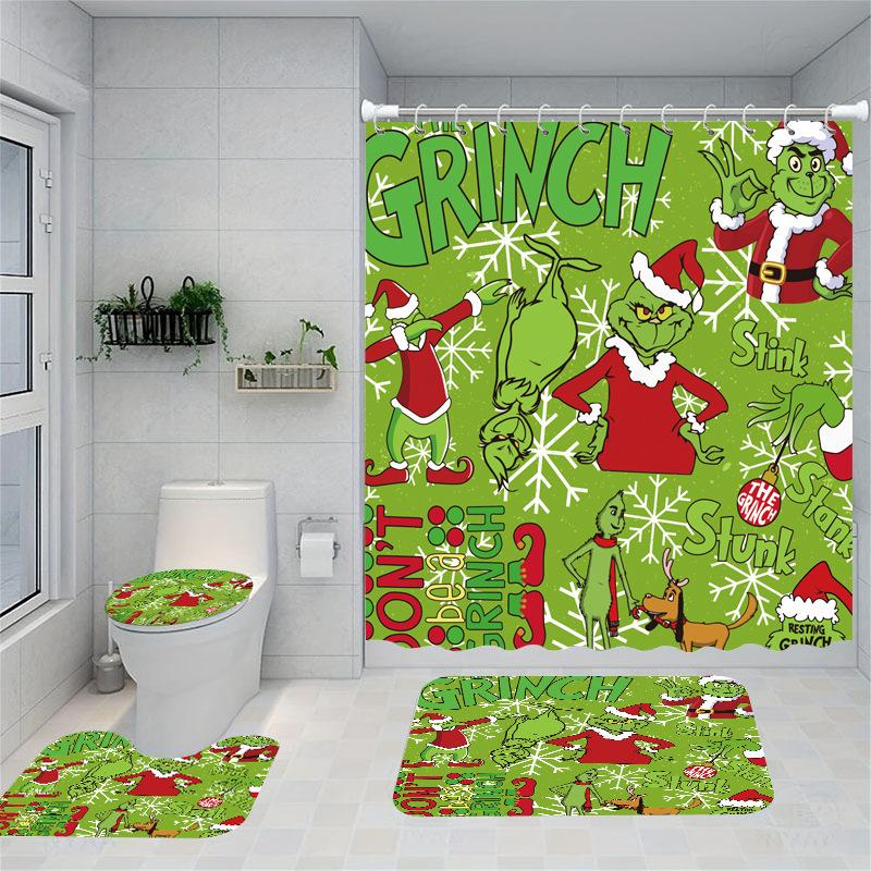 Christmas Series Shower Curtain Digital Printing Bathroom Shower Curtain Four-Piece Polyester Shower Curtain