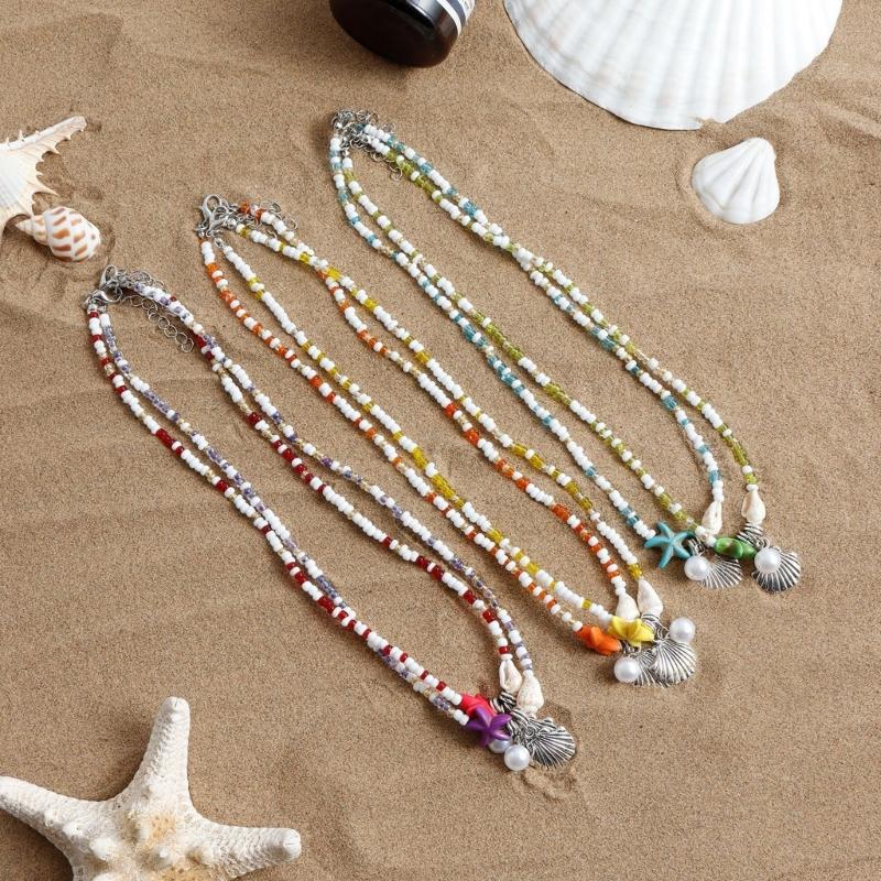 Beautiful Bohemian Starfish Pendant Necklace Colorful Bead Choker Adjustable Neck Chain Jewelry for Women and Girls