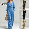 Everyday Casual Suit Women Women's Long Sleeve 2 Piece Sets, Irregular Hem V Neck Top Comfortable Loose Fit Outfit And Wide Leg Pants Matching Travel