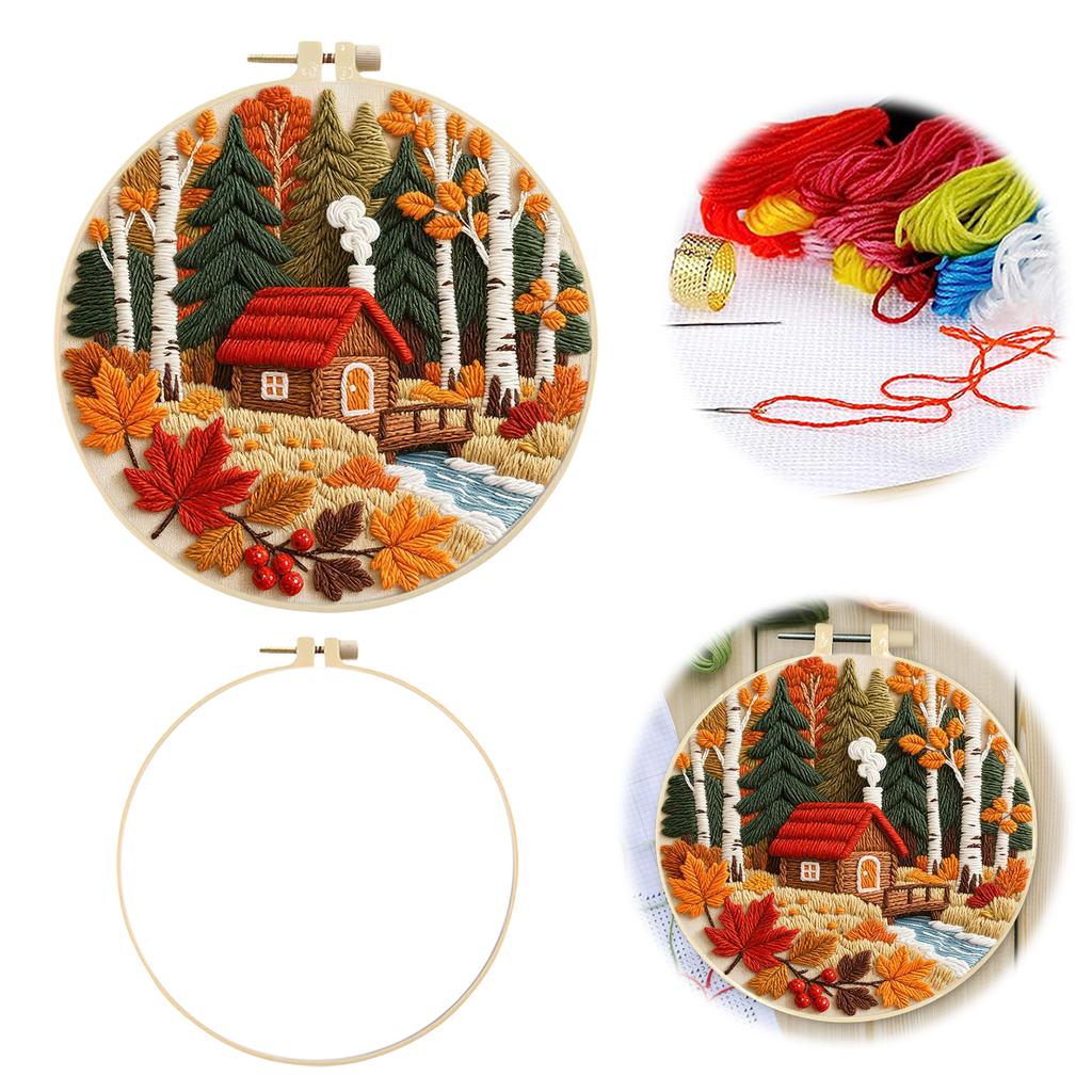 Autumn DIY Embroidery Stitches Practice Kit with Embroidery Hoop Starter Embroidery Kit 29x29cm for Beginners Craft Lovers Gift