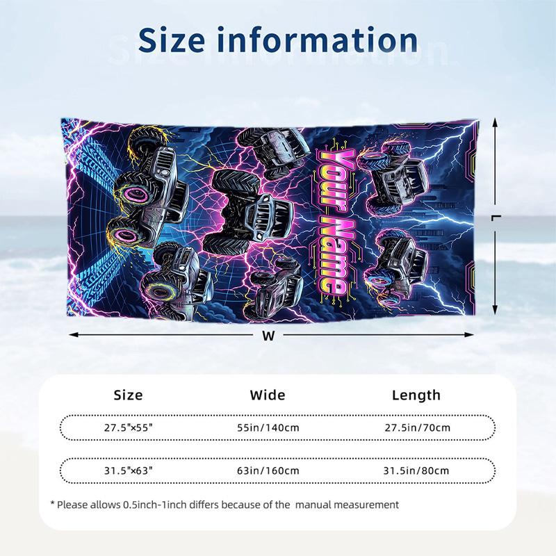 Monster Truck Theme Beach Towel Personalized Custom Name & Text Soft Quick Dry Beach Towel for Swimming Travel