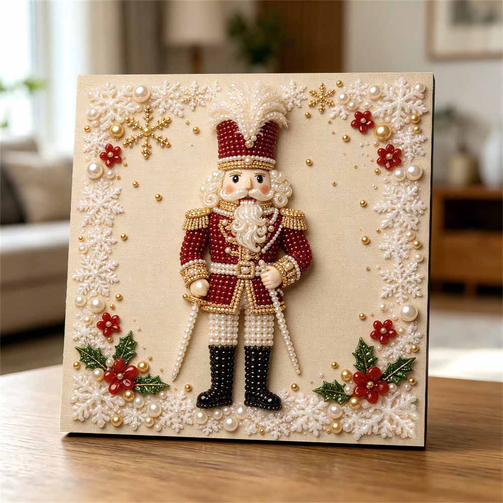 Handmade Framed Pearl Painting Set with Festive Nutcracker Design 5D Shiny Bead Art Canvas Creative Craft for Christmas Home Room Decor