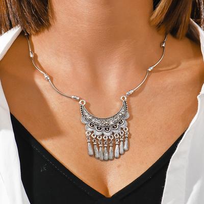 Bohemian Tibetan Silver Geometric Delicate Carved Tassel Pendant Necklace