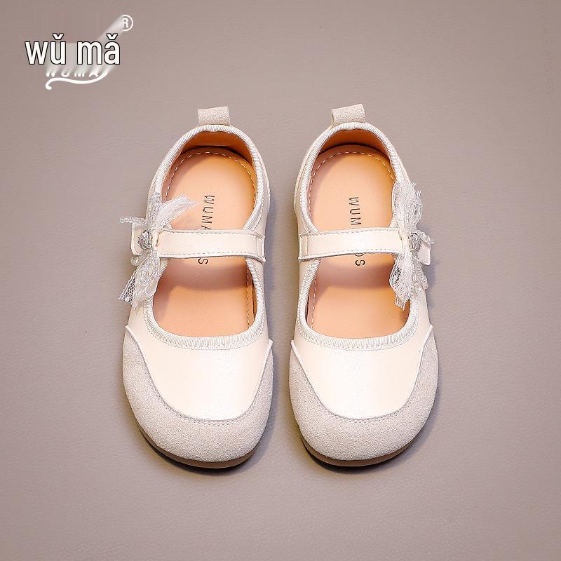 

Wuma Girls 2025 Spring/Fall Leather Bow Mesh Soft Sole Princess Shoes Size 27, 16.9cm брудно-білий