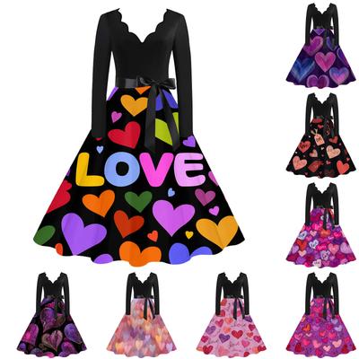 Women's Casual Fashion V,neck Valentine's Day Print Retro Dress
