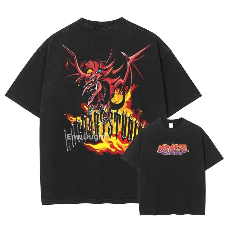 Yu Gi Oh T-Shirt Anime Manga Vintage Washed Tees Tops Sommer Übergroß Kurzarm Baumwoll-T-Shirt Mann Unisex Casual Streetwear