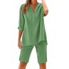 Women's Loose Fashion Color Cotton Linen Long Sleeve Button Up Top Shorts Set