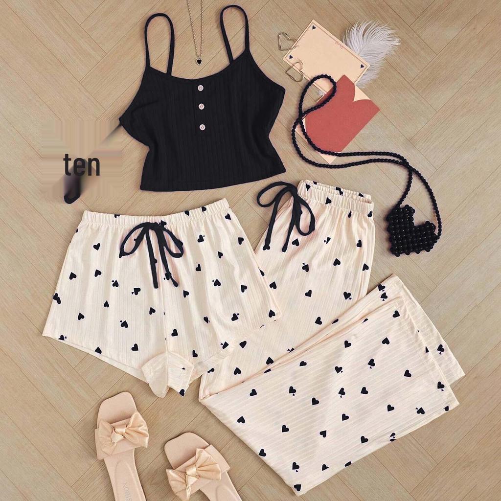 Damen Pfirsich Herz Süßes Sommer Dreiteiliges Pyjama-Set - Kindliches Spaghettiträger Sexy Loungewear