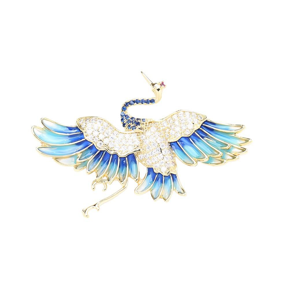 Chinese Style, High-end Blue Elegant Crane Brooch, Real Gold Plated Micro-zircon Animal Pin, Men's and Women's Accessories.