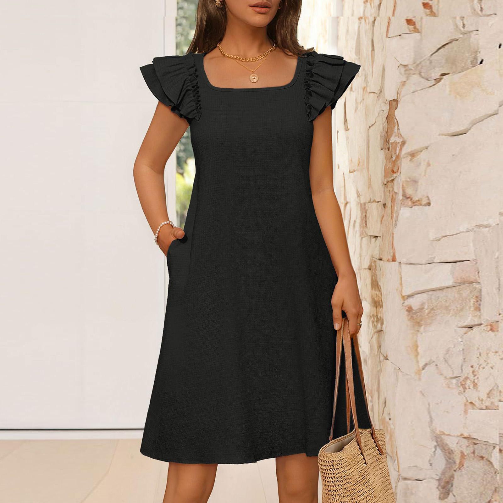 

Women s Spring And Summer Fashion Double Layer Leaf Sleeve Back Bow Dress L чёрный