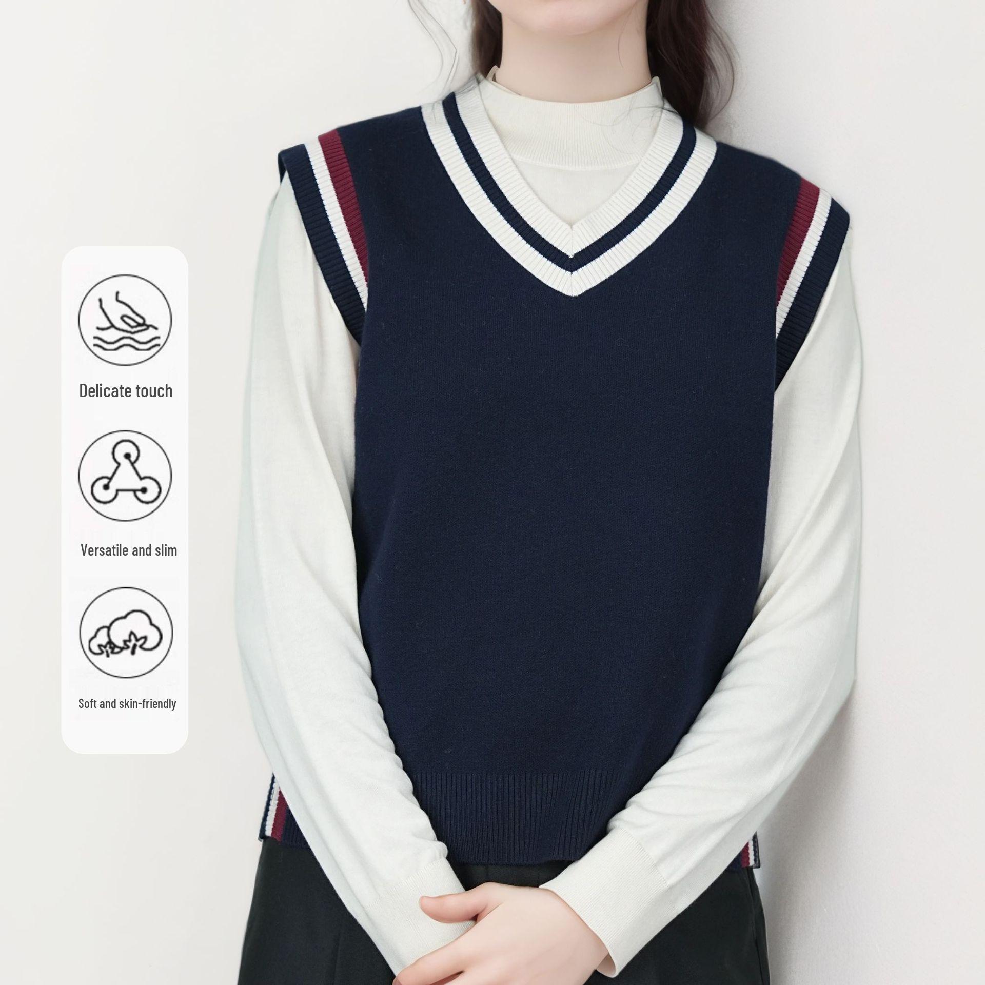 

Knitted V-neck Color-Block Vest - Spring & Autumn School Uniform Style Sweater Medium