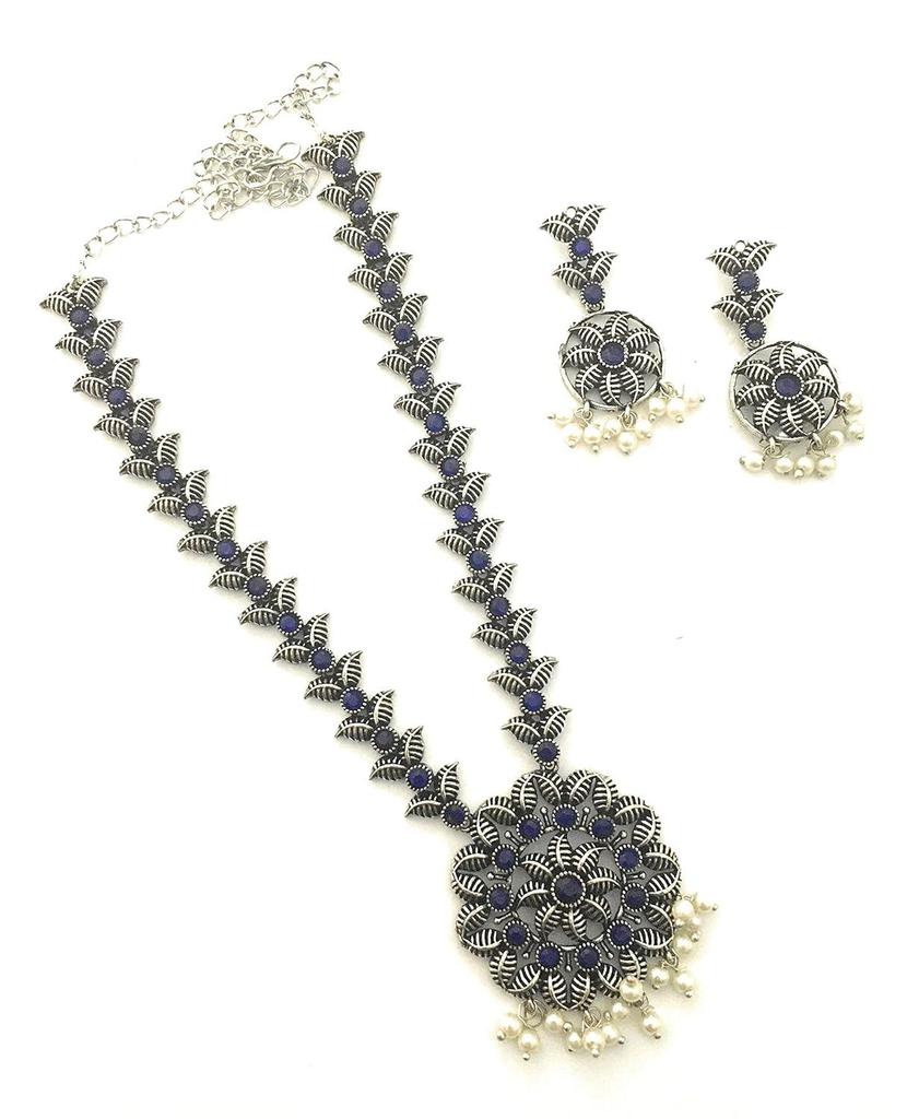 Traditional German Silver Pearl Leaf Designer Oxidised Jewellery Set for Women & Girls